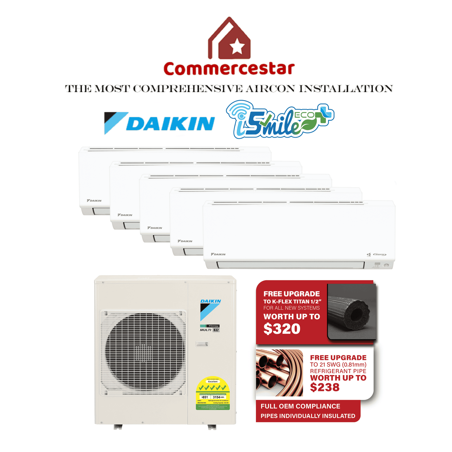 DAIKIN SYSTEM 5 ISMILE ECO+ STREAMER SERIES R32 (INSTALLATION INCLUDED FREE UPGRADED MATERIALS)