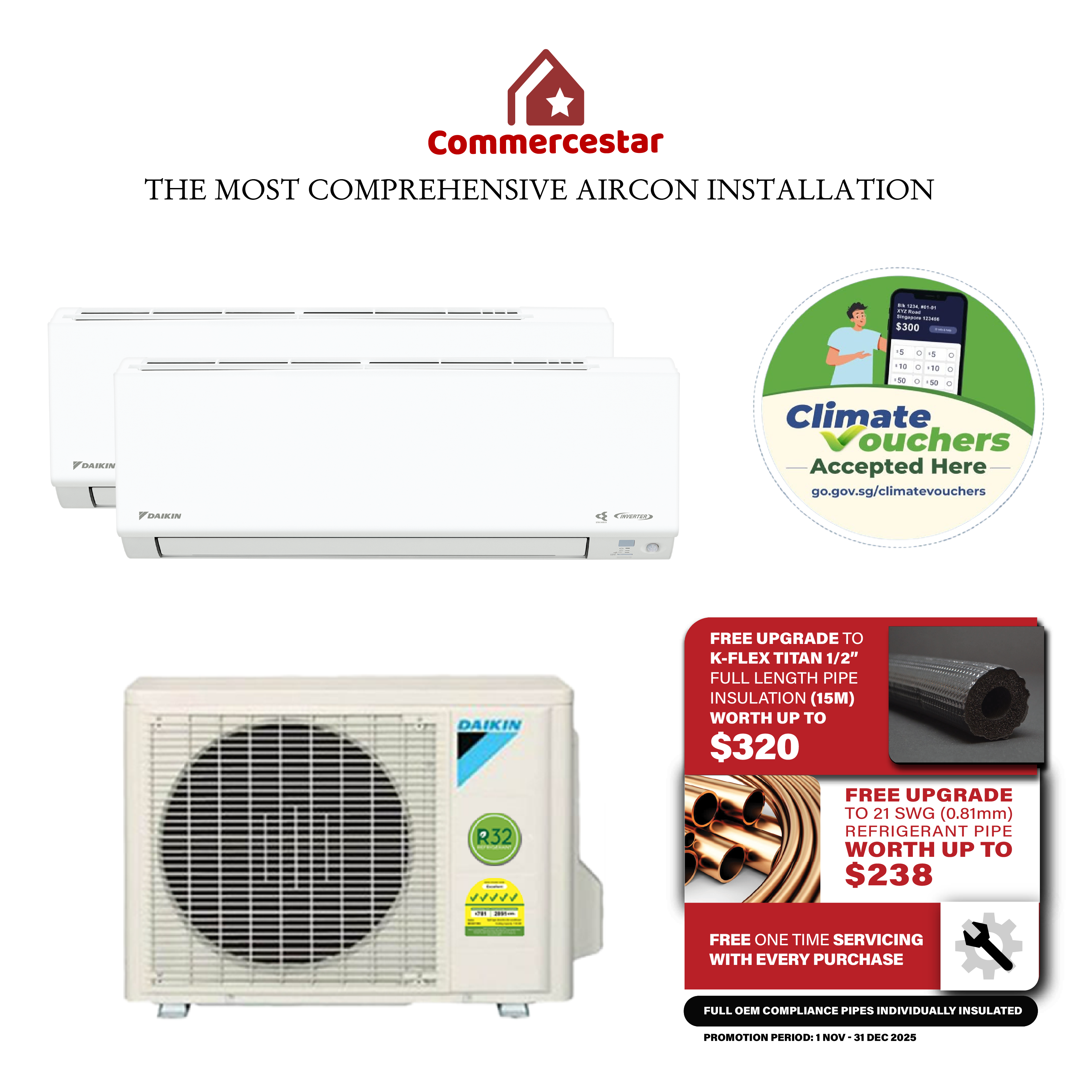 DAIKIN SYSTEM 2 ISMILE ECO+ STREAMER SERIES R32 (INSTALLATION INCLUDED FREE UPGRADED MATERIALS) - Commercestar Engineering