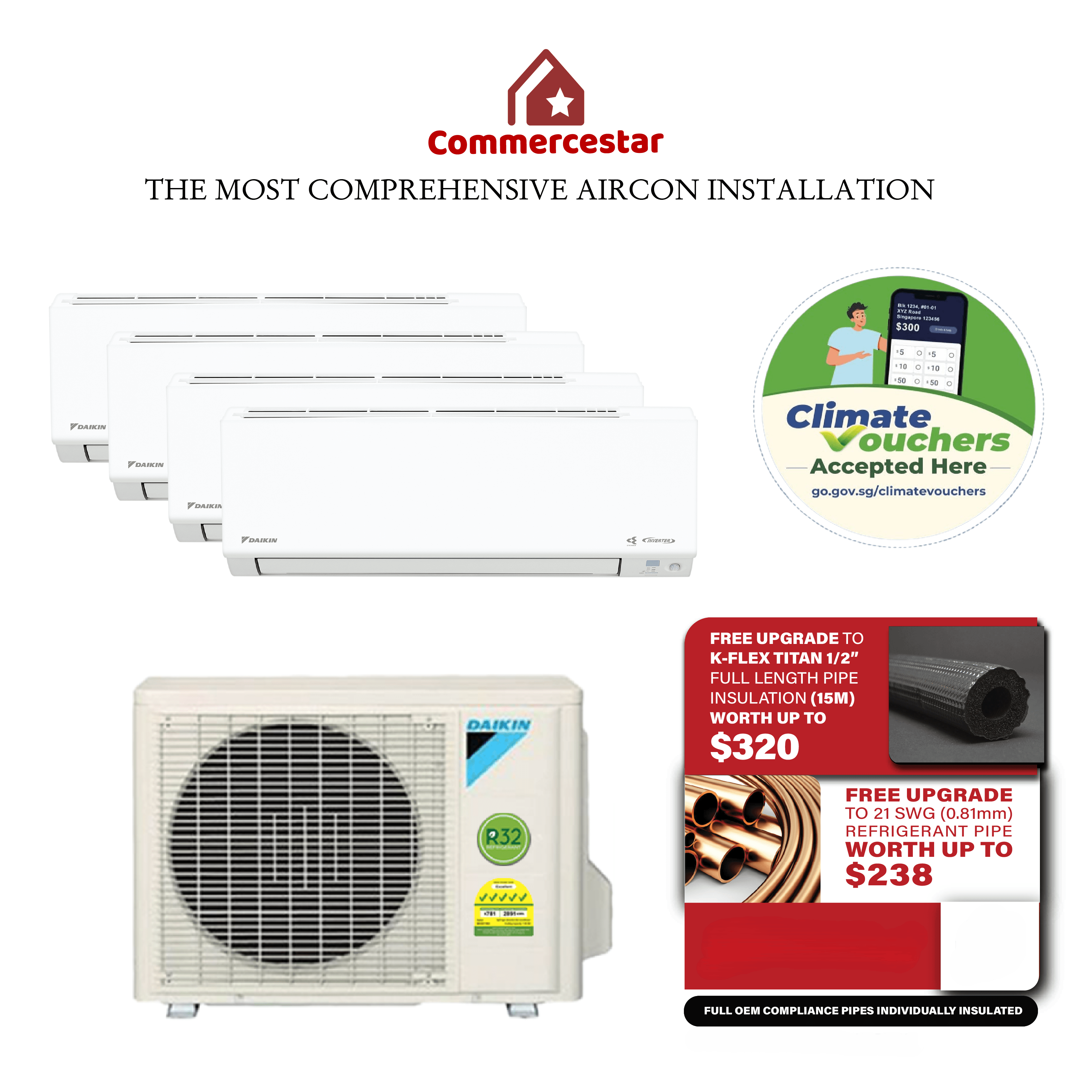 DAIKIN SYSTEM 4 ISMILE ECO+ STREAMER SERIES R32 (INSTALLATION INCLUDED FREE UPGRADED MATERIALS) - Commercestar Engineering