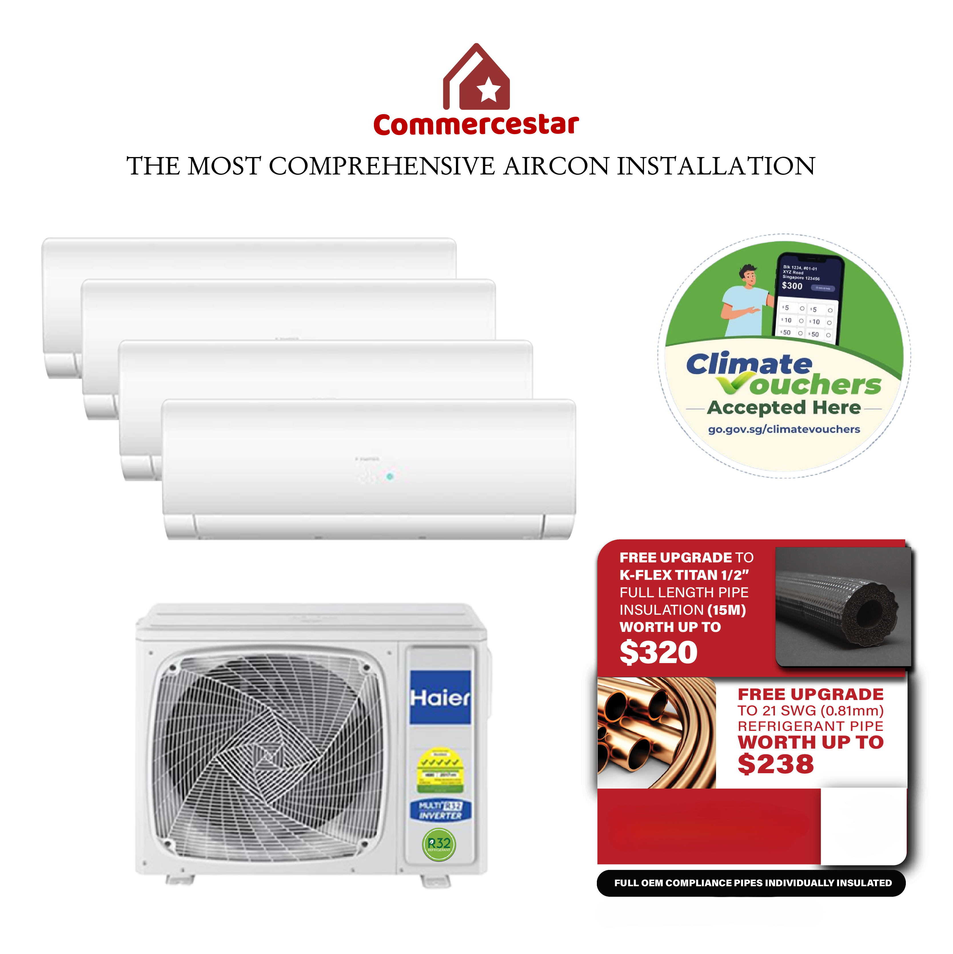 HAIER INVERTER R32 SYSTEM 4 (INSTALLATION INCLUDED FREE UPGRADED MATERIALS) - Commercestar Engineering