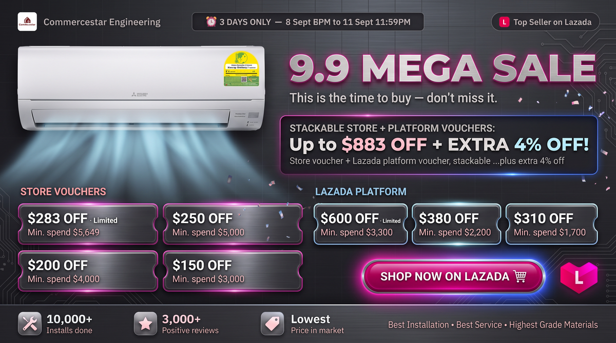 Promotional banner for a Commercester Engineering air conditioner bundle on Lazada, featuring a white AC unit, a green energy label, and multiple discount vouchers and sale text overlays.