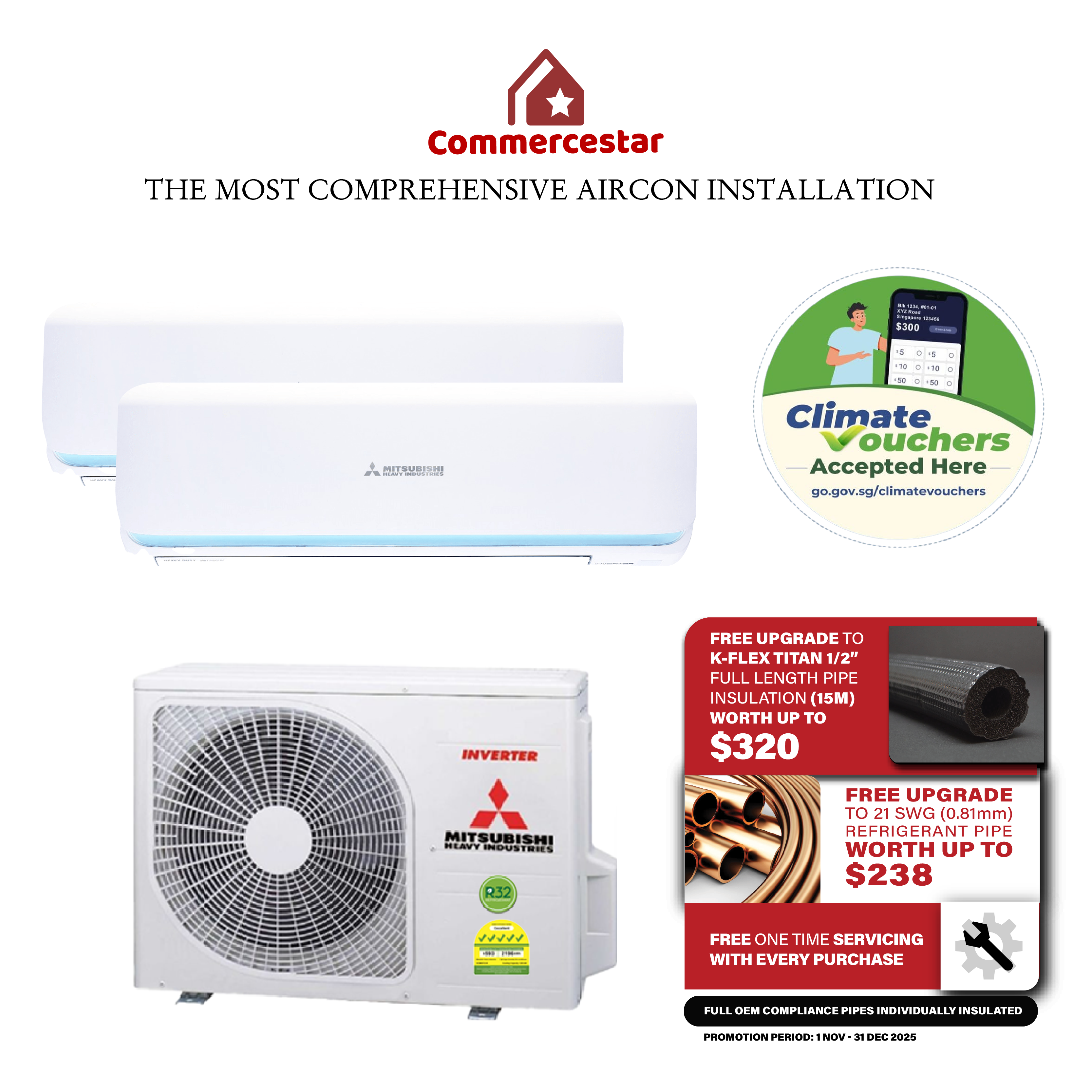 MITSUBISHI HEAVY INDUSTRIES R32 SYSTEM 2 ROCKET SERIES WITH WIFI (INSTALLATION INCLUDED FREE UPGRADED MATERIALS) - Commercestar Engineering