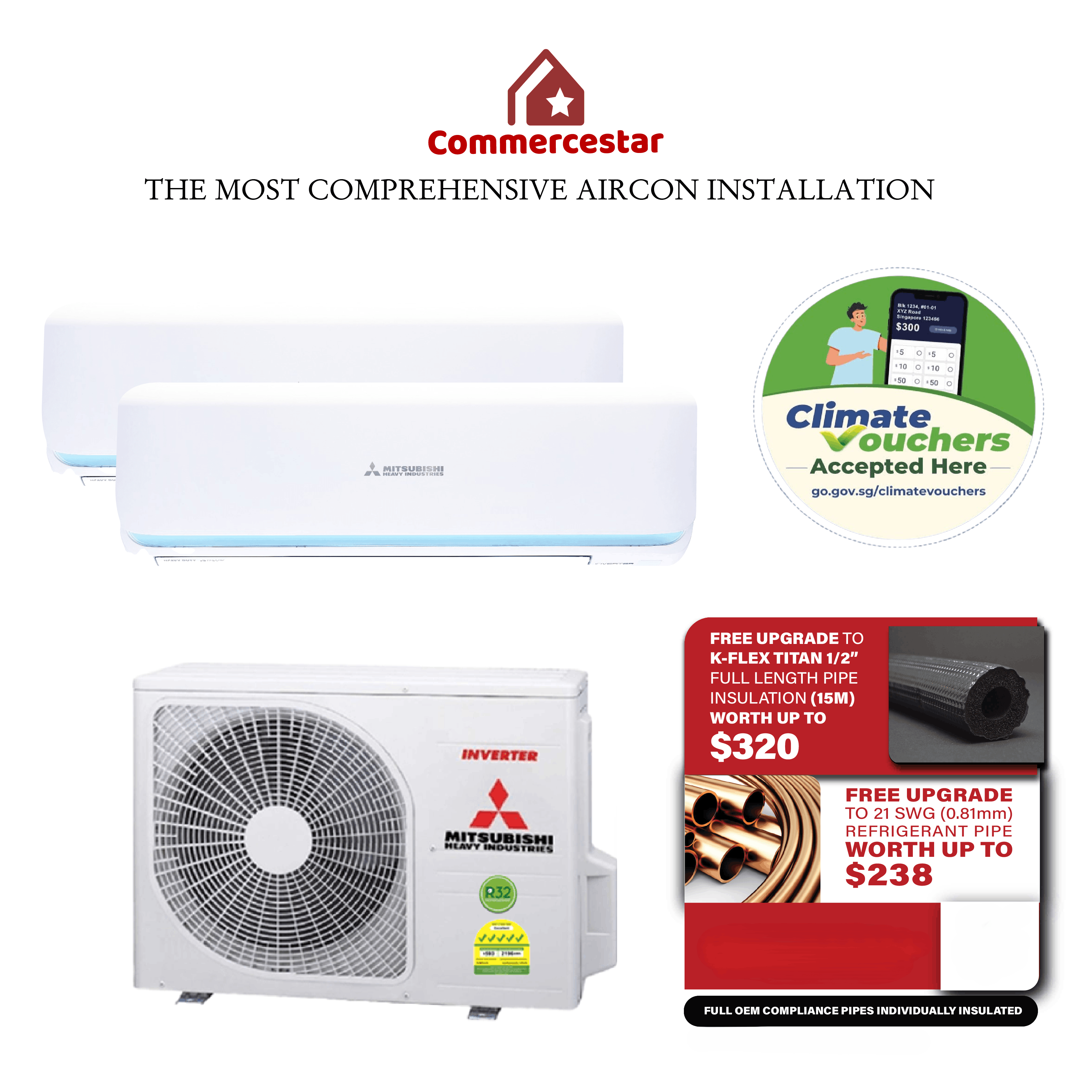 MITSUBISHI HEAVY INDUSTRIES R32 SYSTEM 2 ROCKET SERIES WITH WIFI (INSTALLATION INCLUDED FREE UPGRADED MATERIALS) - Commercestar Engineering