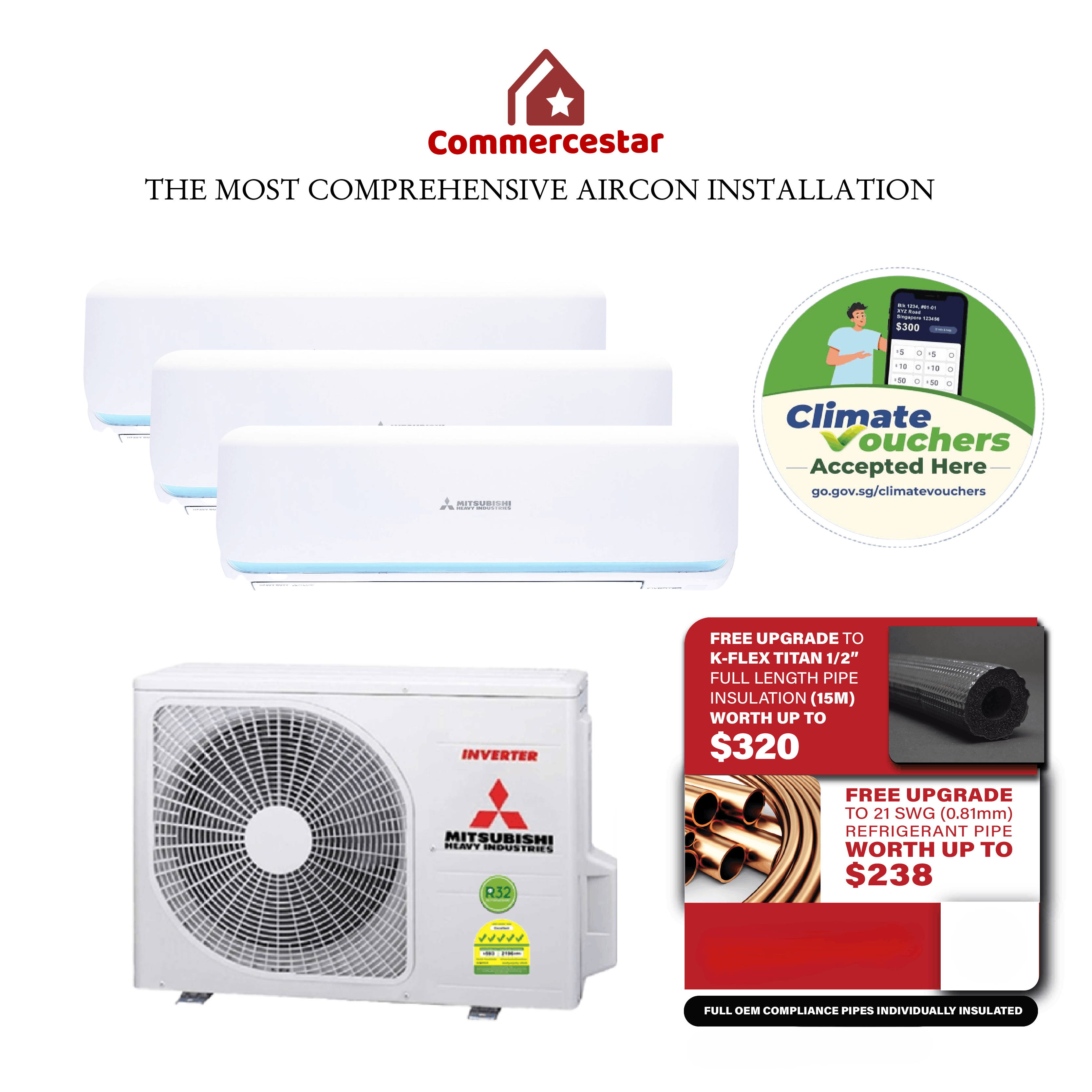 MITSUBISHI HEAVY INDUSTRIES R32 SYSTEM 3 ROCKET SERIES WITH WIFI (INSTALLATION INCLUDED FREE UPGRADED MATERIALS) - Commercestar Engineering