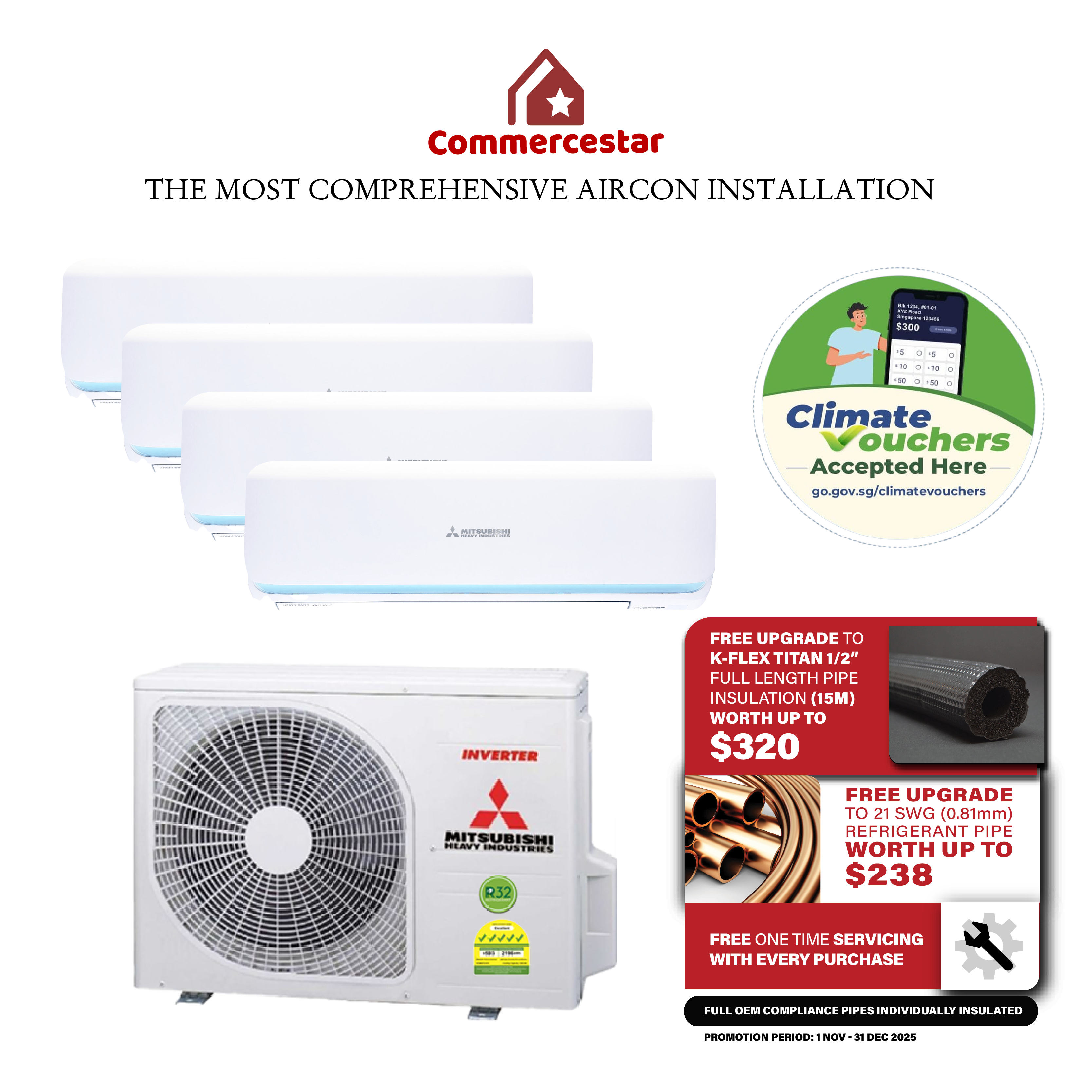 MITSUBISHI HEAVY INDUSTRIES R32 SYSTEM 4 ROCKET SERIES WITH WIFI (INSTALLATION INCLUDED FREE UPGRADED MATERIALS) - Commercestar Engineering