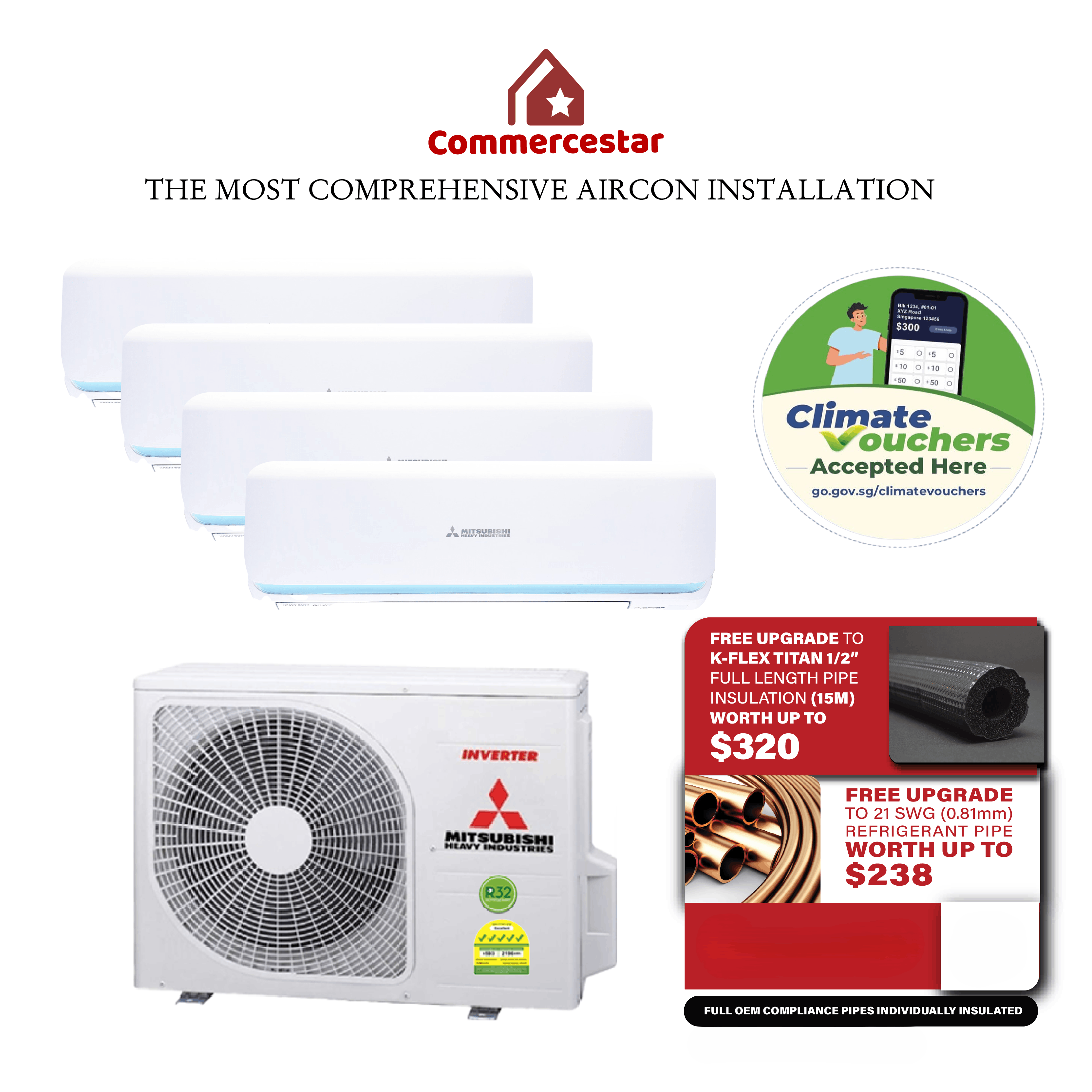 MITSUBISHI HEAVY INDUSTRIES R32 SYSTEM 4 ROCKET SERIES WITH WIFI (INSTALLATION INCLUDED FREE UPGRADED MATERIALS) - Commercestar Engineering