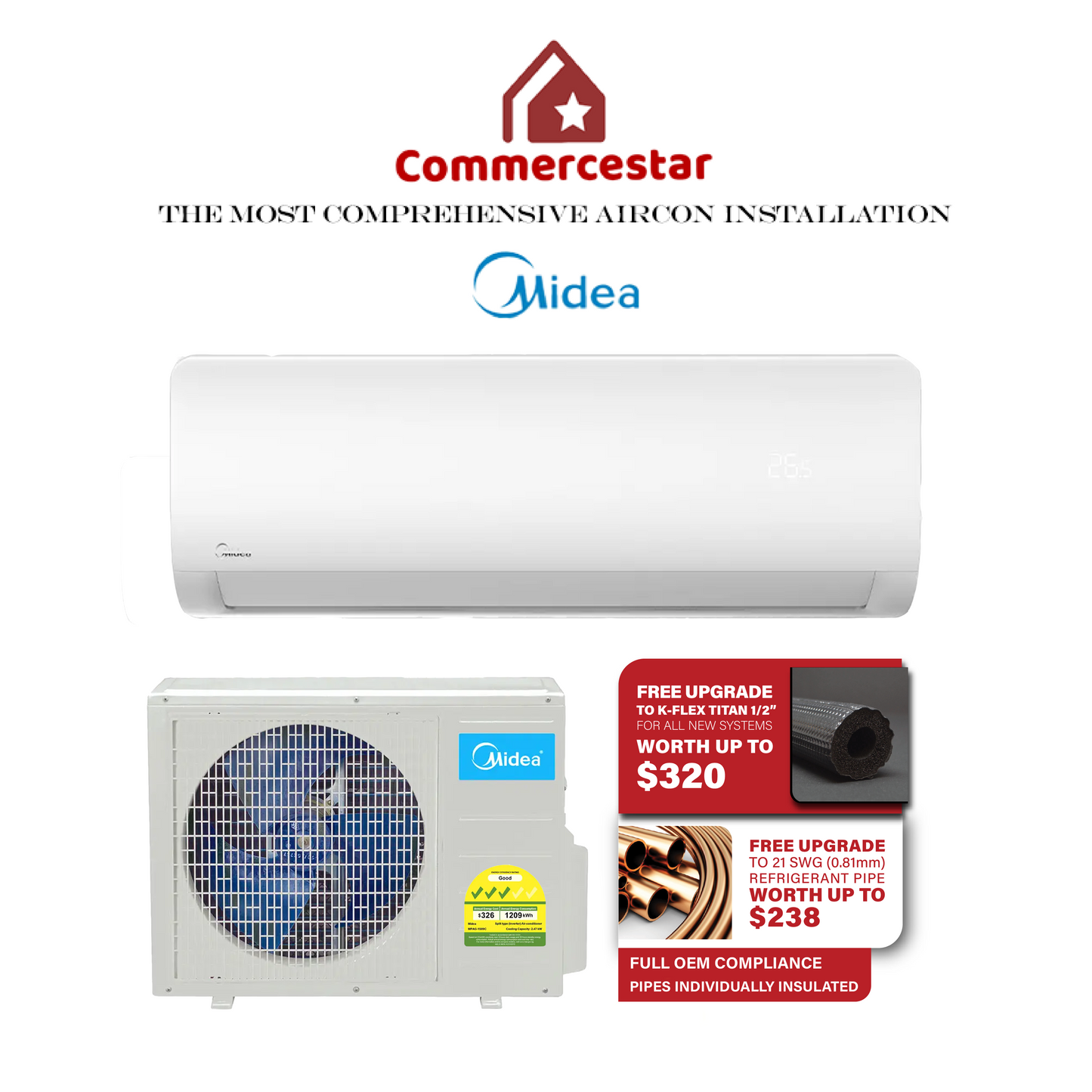 MIDEA INVERTER AG SERIES R32 SYSTEM 1 (INSTALLATION INCLUDED FREE UPGRADED MATERIALS) - Commercestar Engineering