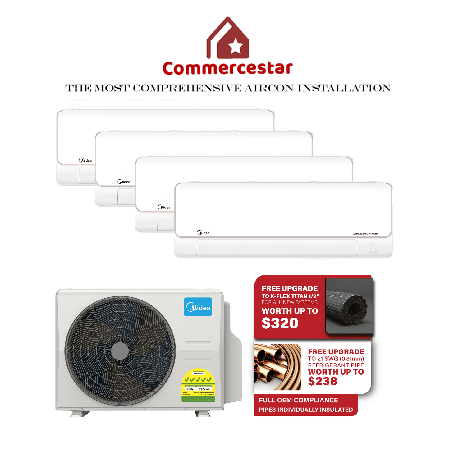 MIDEA OPAL PRO SERIES R32 SYSTEM 4 (INSTALLATION INCLUDED FREE UPGRADED MATERIALS) - Commercestar Engineering