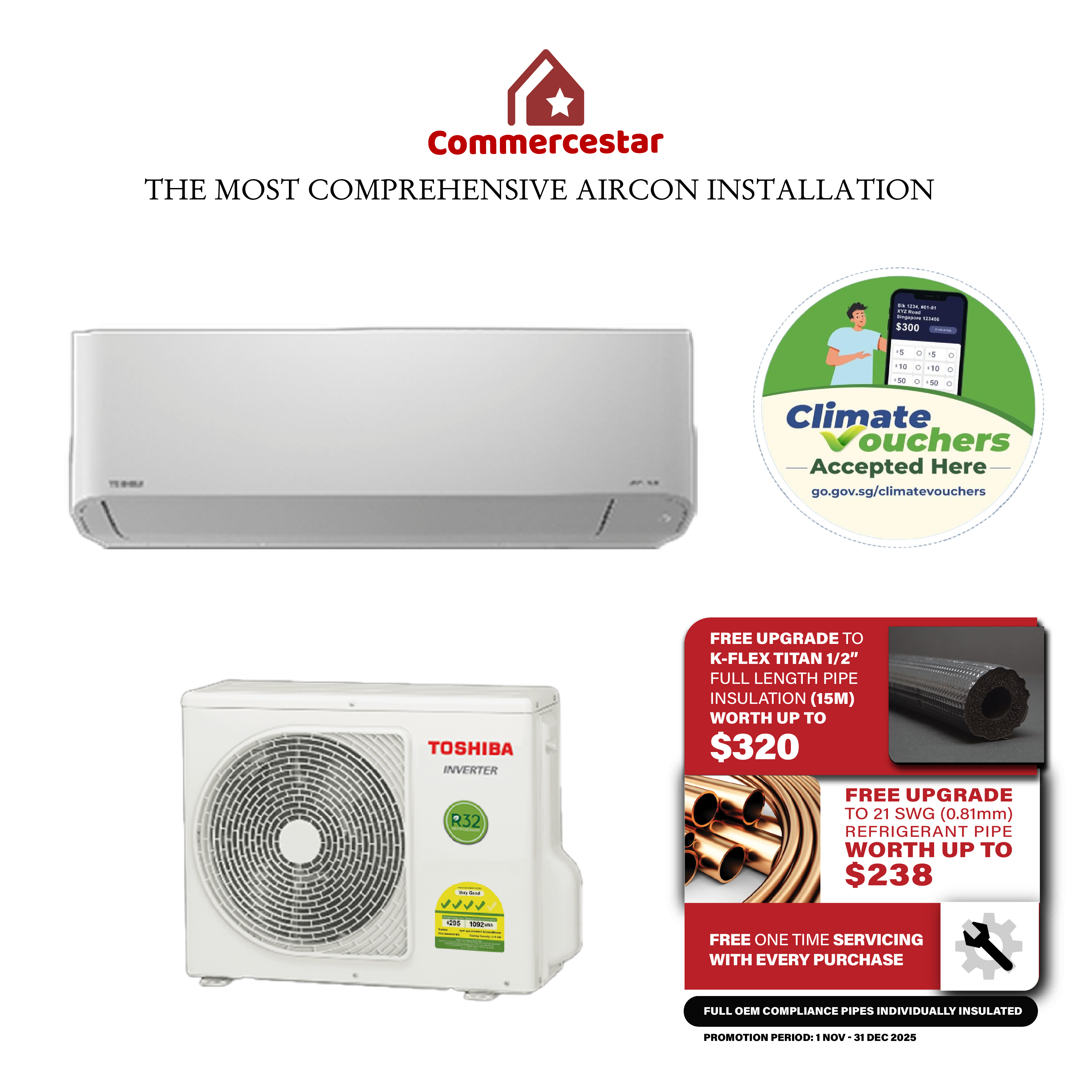 TOSHIBA R32 INVERTER SYSTEM 1 AIRCON (INSTALLATION INCLUDED FREE UPGRADED MATERIALS) - Commercestar Engineering