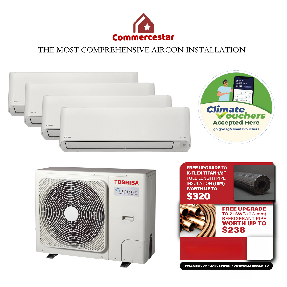 TOSHIBA YOUME PRO SERIES R32 SYSTEM 4 AIRCON INSTALLATION (INSTALLATION INCLUDED FREE UPGRADED MATERIALS)