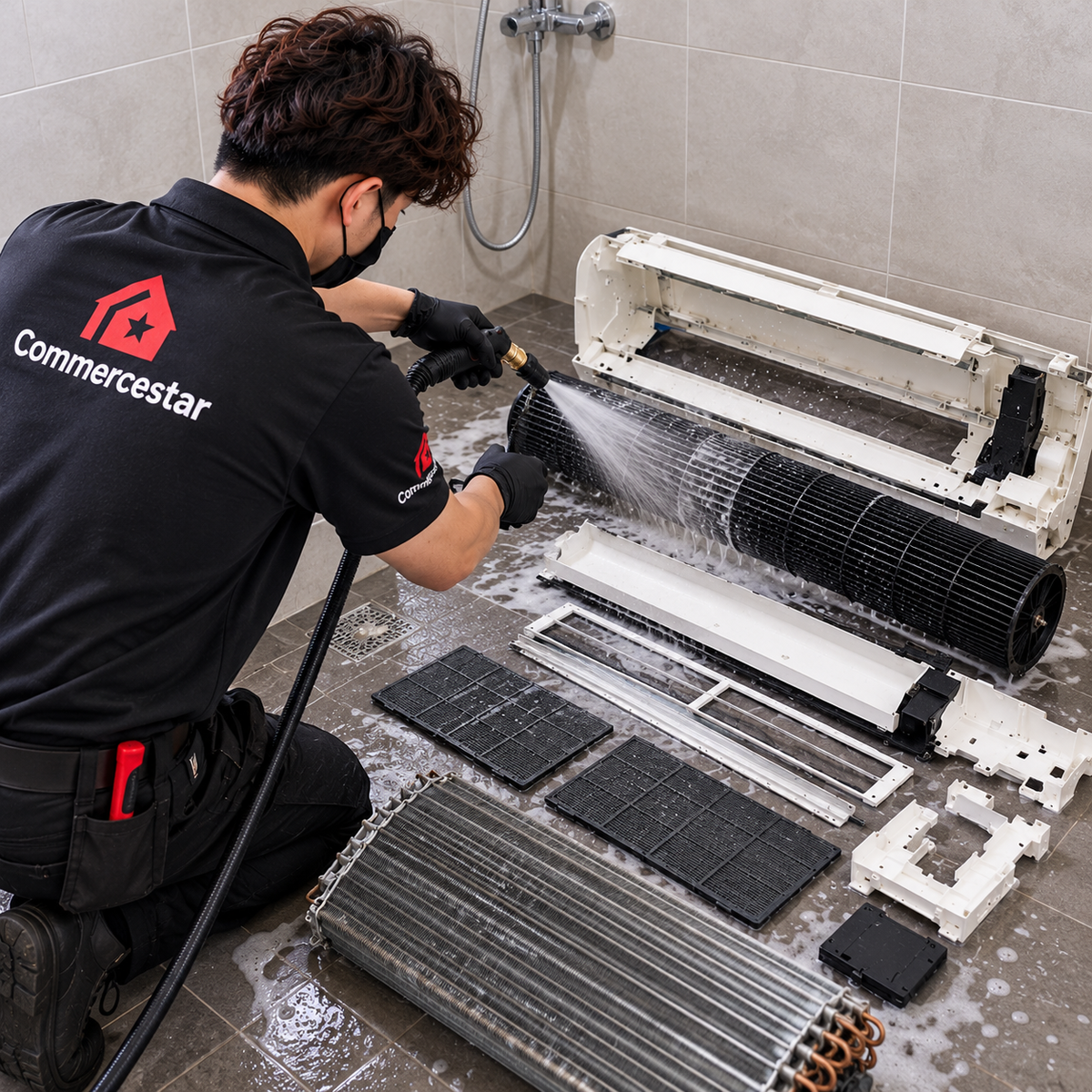 Commercestar Engineering chemical overhaul kit for aircon deep cleaning, shown in a bathroom setting with cleaning tools.