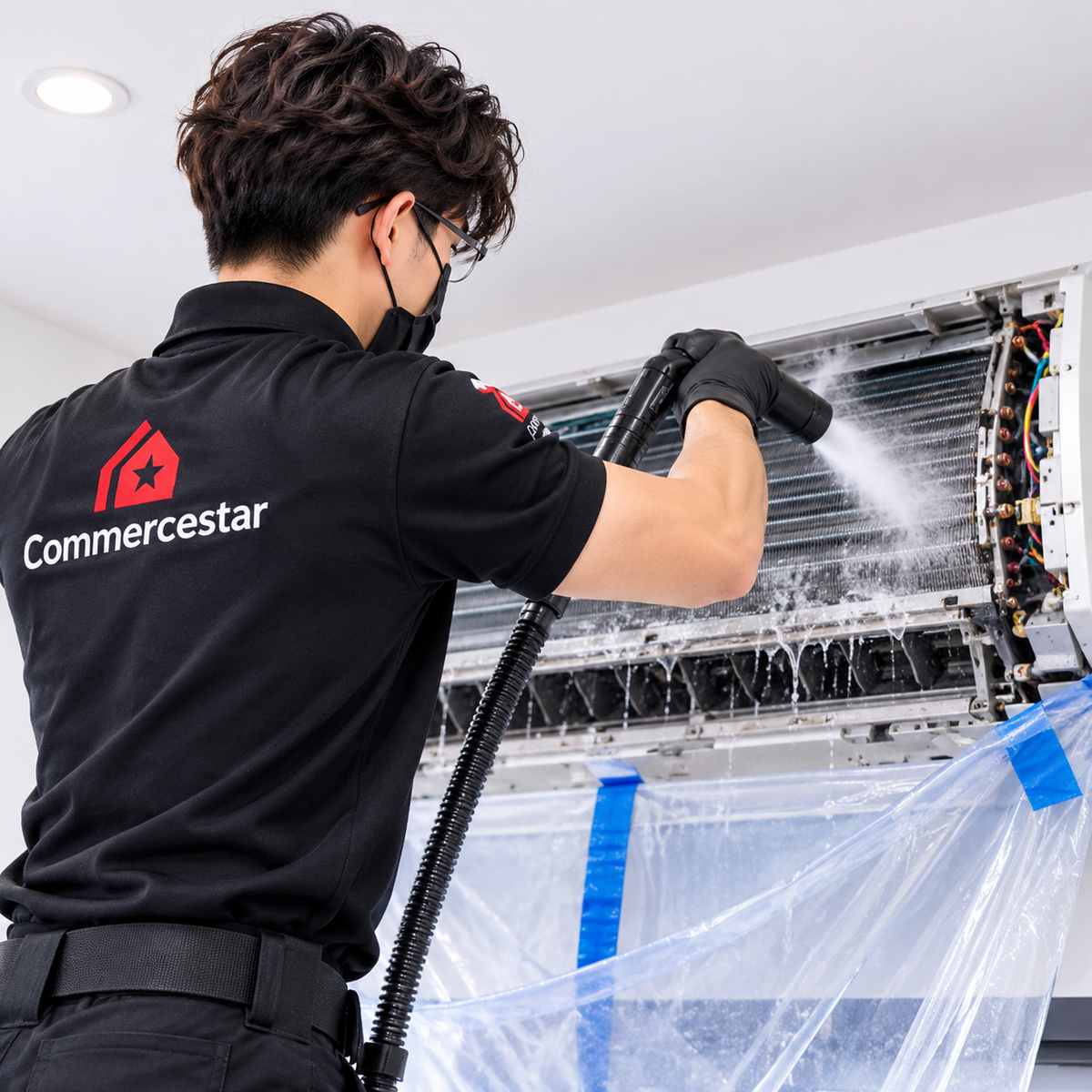 Commercestar Engineering indoor aircon chemical wash technician performing deep cleaning on air conditioning unit in Singapore