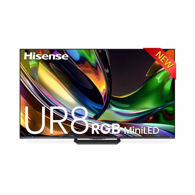 Hisense UR8S RGB Mini-LED 4K Smart TV displaying vibrant colors on a large screen, available in 55 to 100 inches.