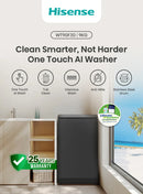Hisense F Series F30 Smart 9kg top load washer with digital display and stainless steel drum, front view showing control panel.