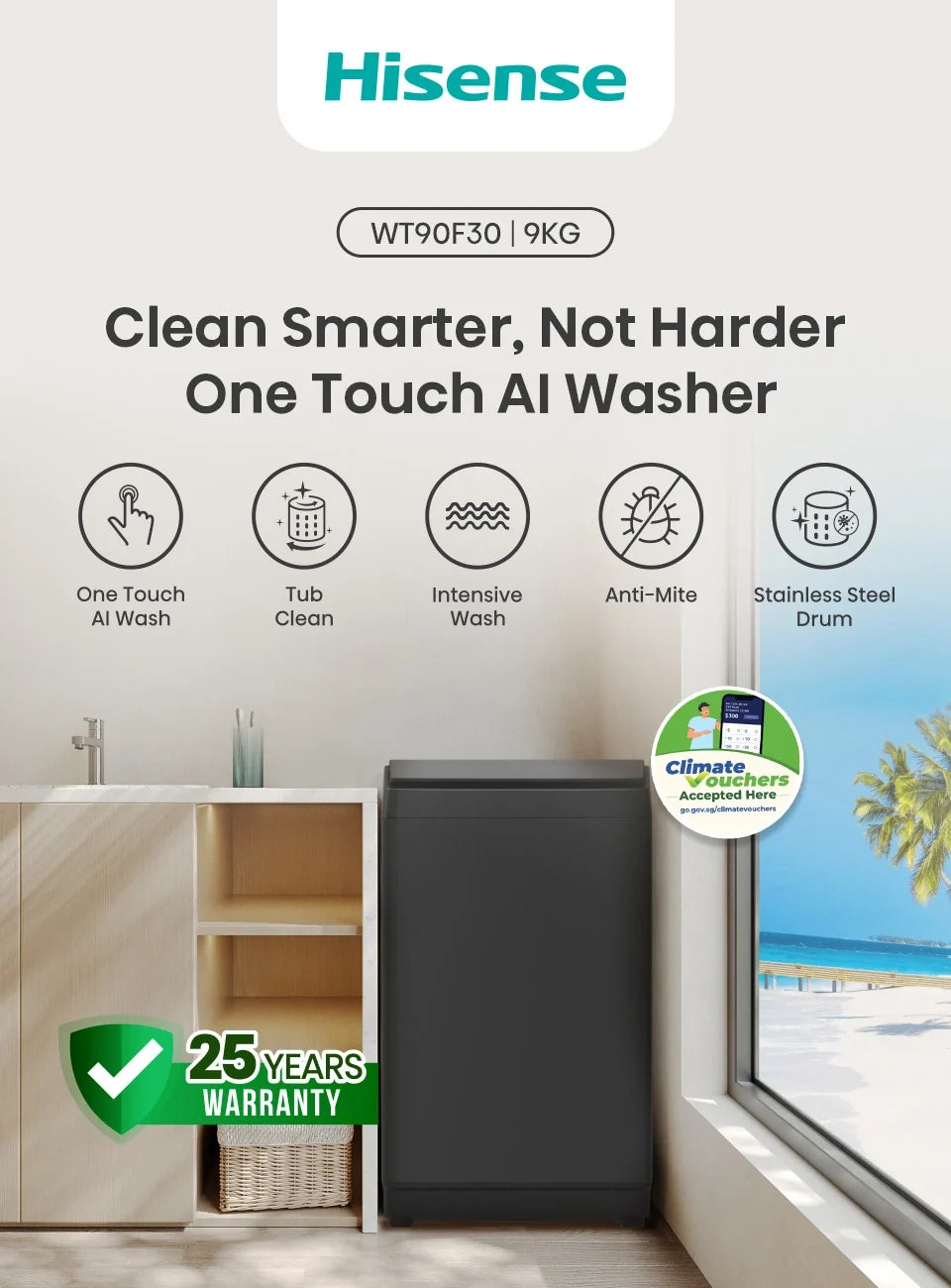 Hisense F Series F30 Smart 9kg top load washer with digital display and stainless steel drum, front view showing control panel.