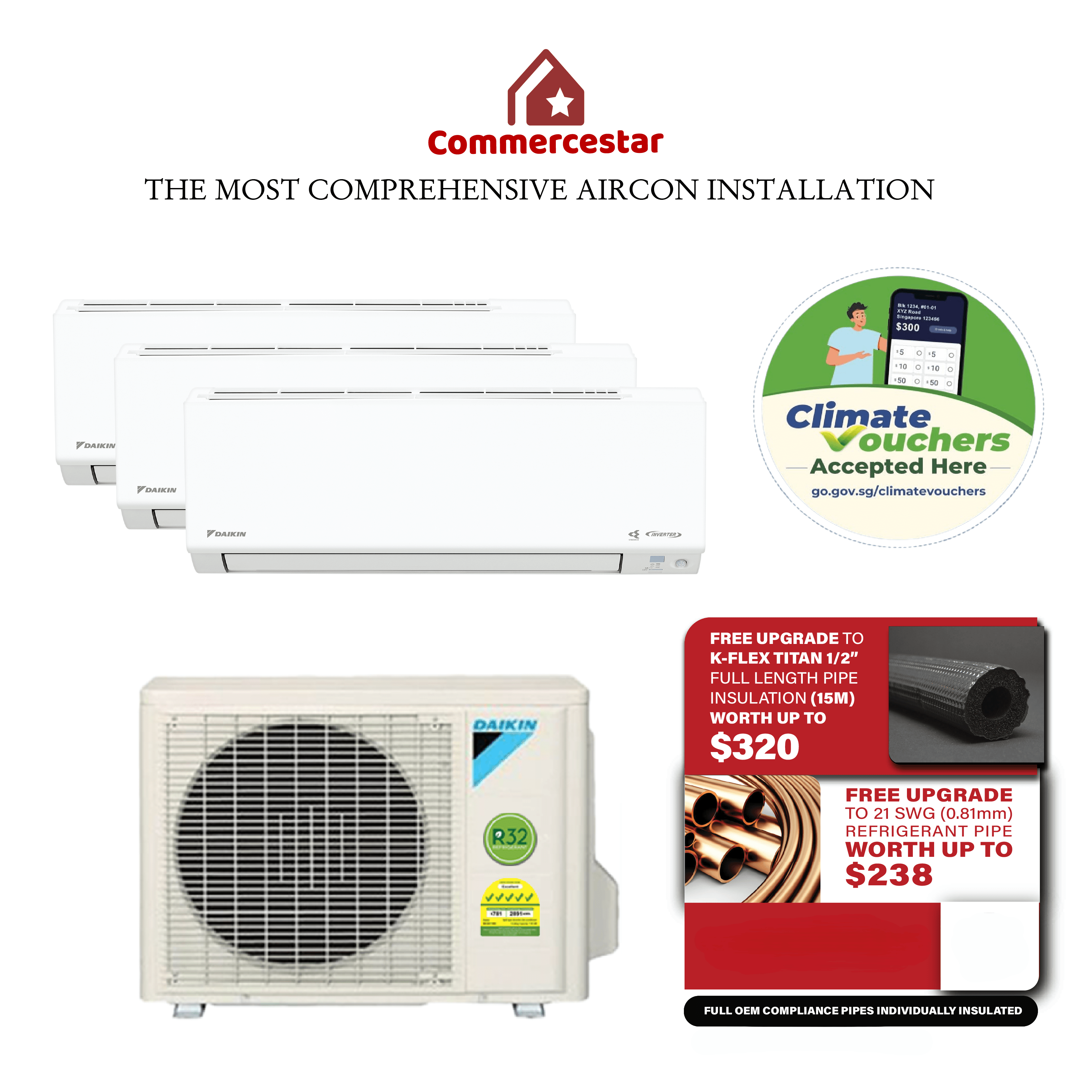 DAIKIN SYSTEM 3 ISMILE ECO+ STREAMER SERIES R32 (INSTALLATION INCLUDED FREE UPGRADED MATERIALS) - Commercestar Engineering 