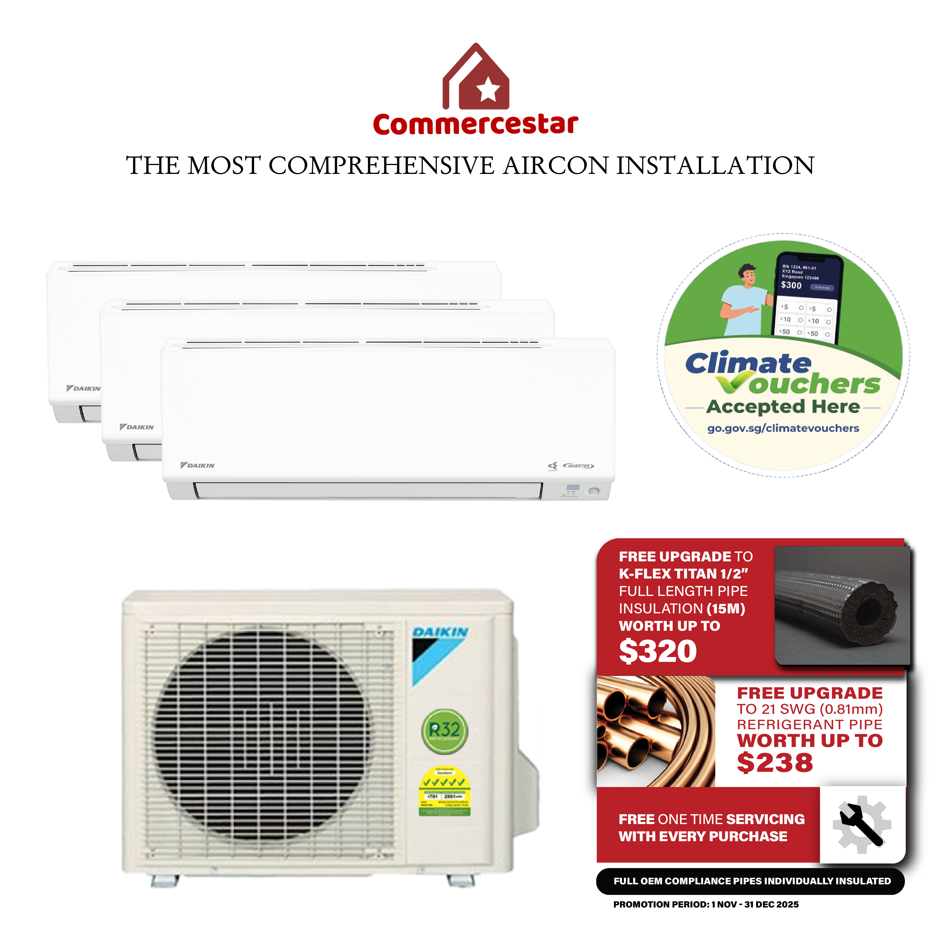 DAIKIN SYSTEM 3 ISMILE ECO+ STREAMER SERIES R32 (INSTALLATION INCLUDED FREE UPGRADED MATERIALS) - Commercestar Engineering 