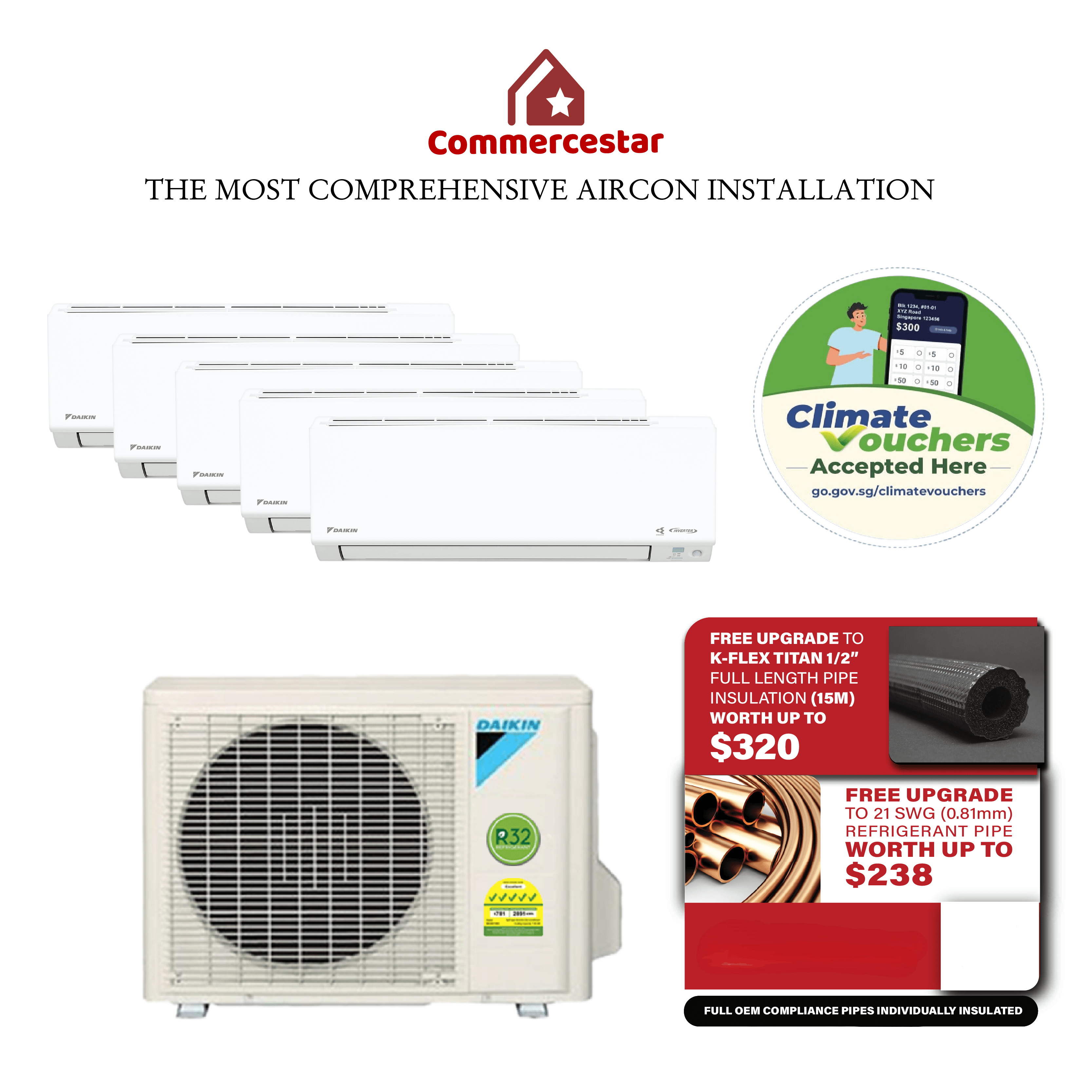 DAIKIN SYSTEM 5 ISMILE ECO+ STREAMER SERIES R32 (INSTALLATION INCLUDED FREE UPGRADED MATERIALS) - Commercestar Engineering 