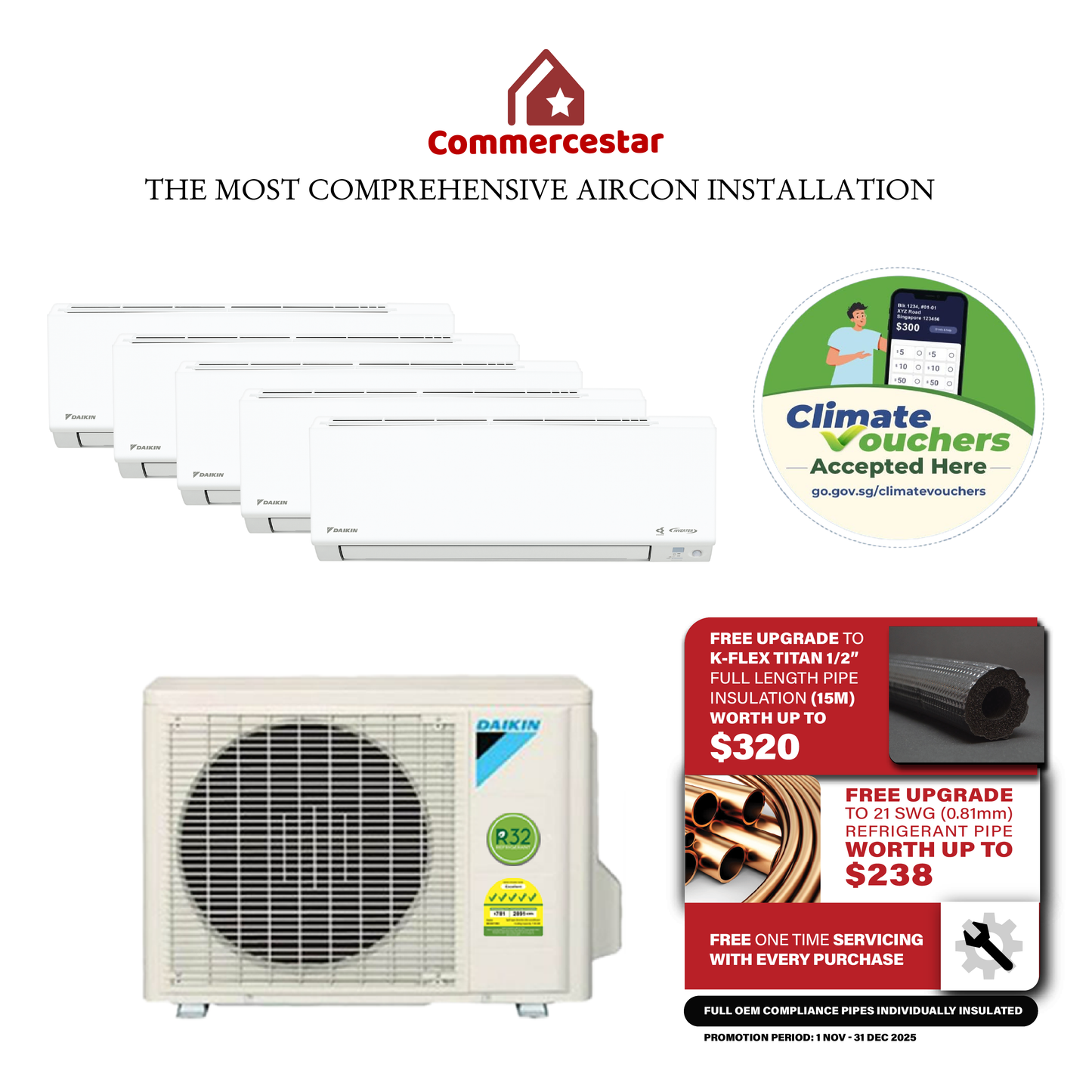 DAIKIN SYSTEM 5 ISMILE ECO+ STREAMER SERIES R32 (INSTALLATION INCLUDED FREE UPGRADED MATERIALS)