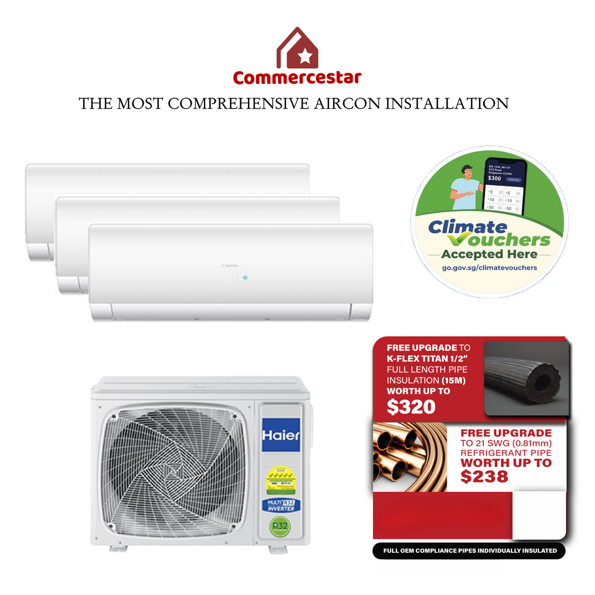 HAIER INVERTER R32 SYSTEM 3 (INSTALLATION INCLUDED FREE UPGRADED MATER