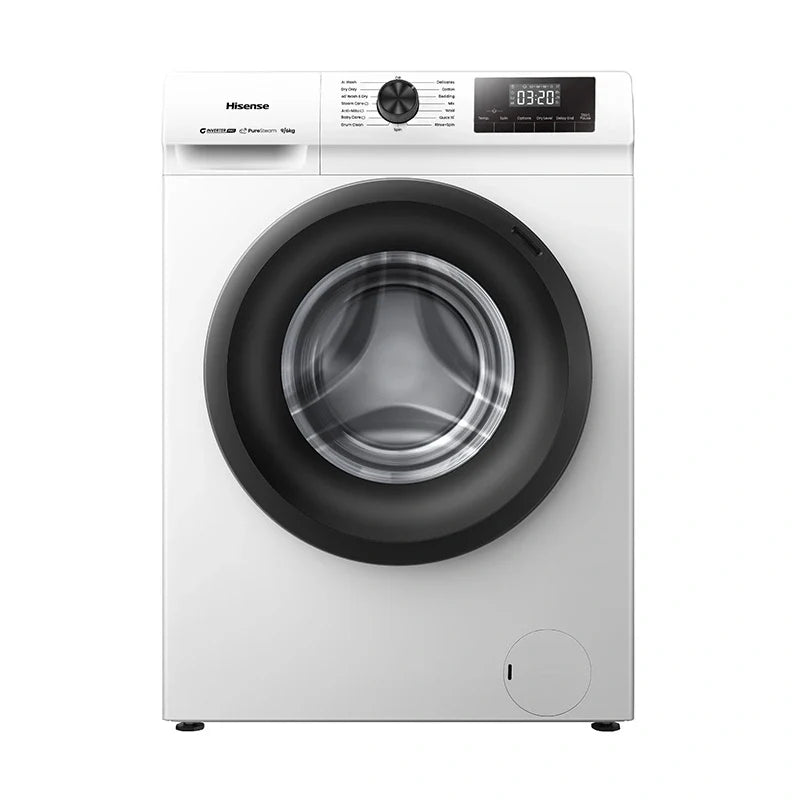 Hisense N1C 9kg wash and 6kg dry front load washer dryer in white with control panel and door close-up.