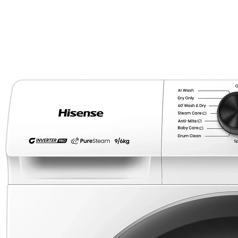 Hisense N1C 9kg wash and 6kg dry front load washer dryer control panel with digital display and multiple program options.