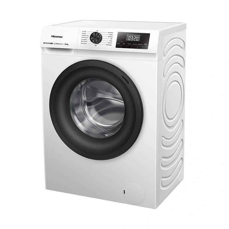 Side view of Hisense N1C 9kg wash and 6kg dry front load washer dryer, showcasing its sleek design and control panel.