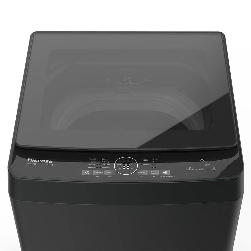 Hisense F Series F50 Smart 10.5kg top load washer with digital controls and stainless steel drum, front view.
