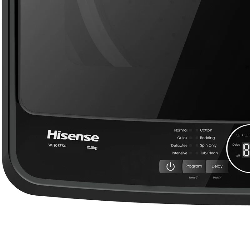 Hisense F Series F50 10.5kg top load washer with control panel and digital display, showcasing modern design and brand logo.