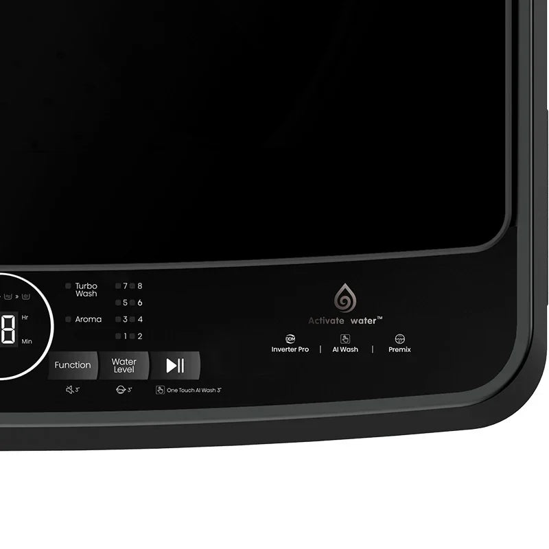 Hisense F Series F50 10.5kg top load washer with digital control panel and stainless steel drum.