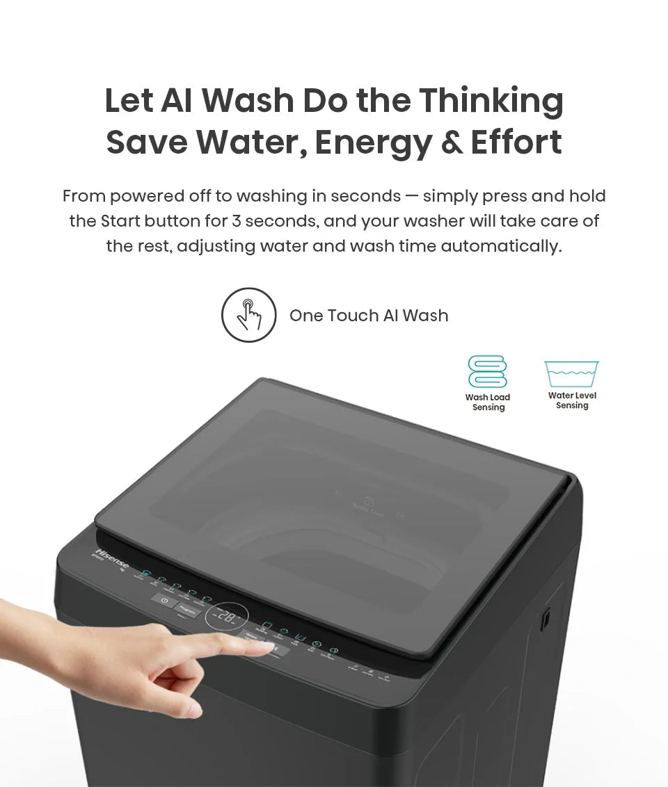 Hisense F Series F30 9kg top load washer with digital display and stainless steel drum, showcasing modern laundry appliance design.