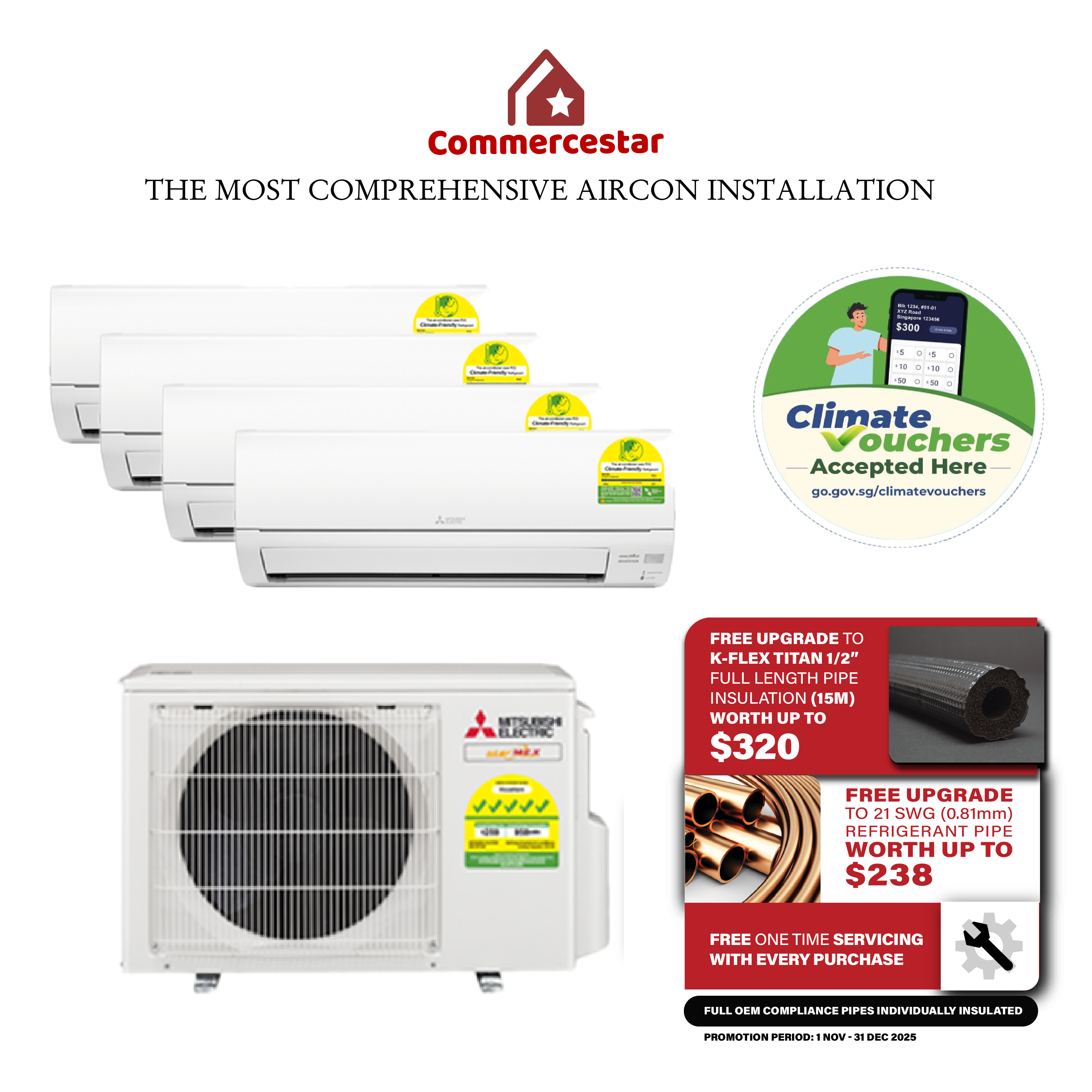 MITSUBISHI ELECTRIC STARMEX R32 INVERTER SYSTEM 4 AIRCON INSTALLATION  (5 TICKS)