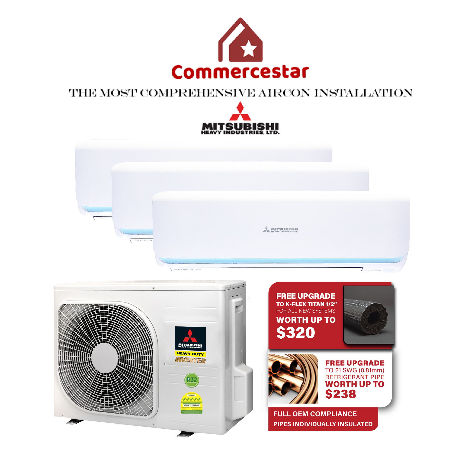 MITSUBISHI HEAVY INDUSTRIES R32 SYSTEM 3 ROCKET SERIES WITH WIFI (INSTALLATION INCLUDED FREE UPGRADED MATERIALS) - Commercestar Engineering 