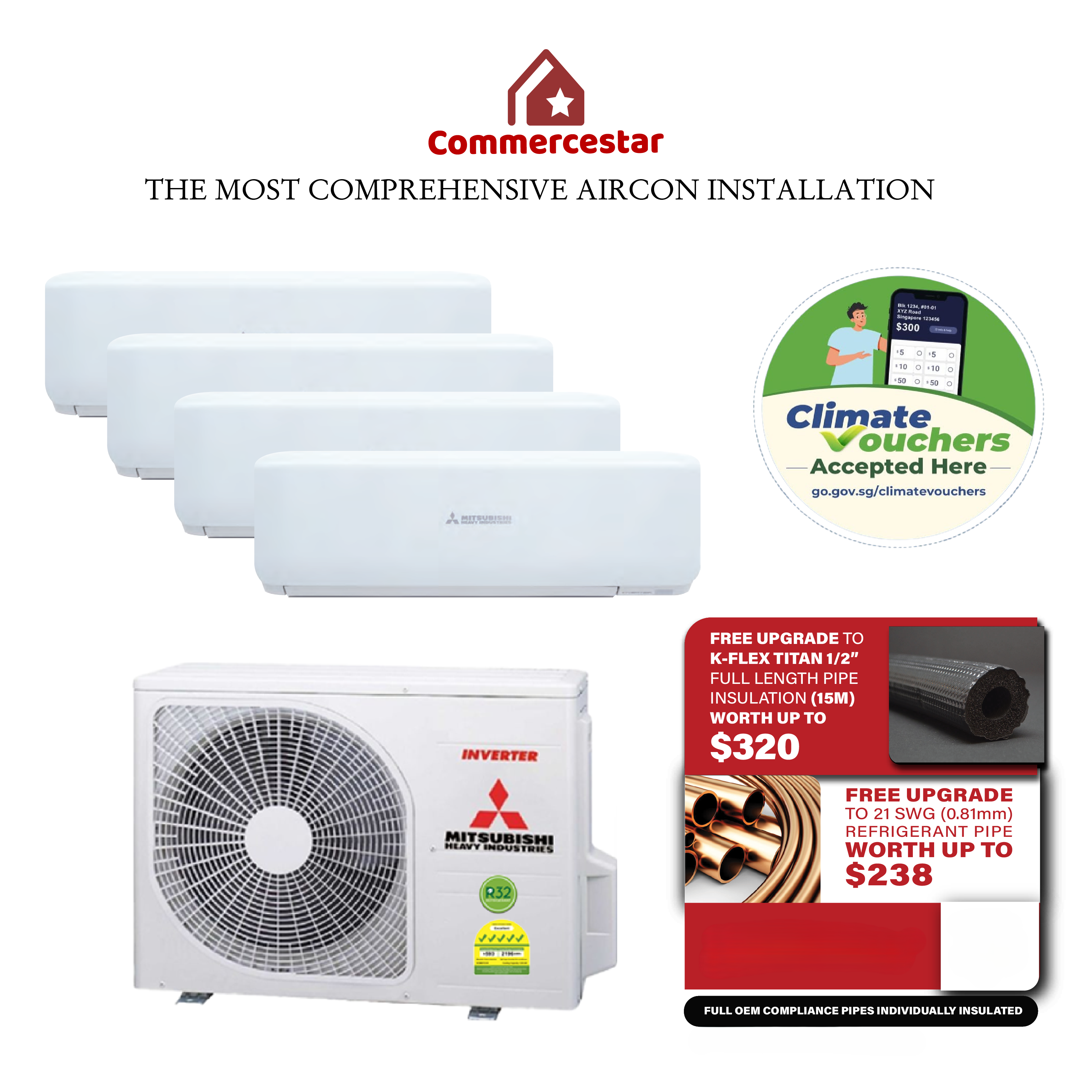 MITSUBISHI HEAVY INDUSTRIES R32 INVERTER SYSTEM 4 AIRCON INSTALLATION (5 TICKS) - Commercestar Engineering 