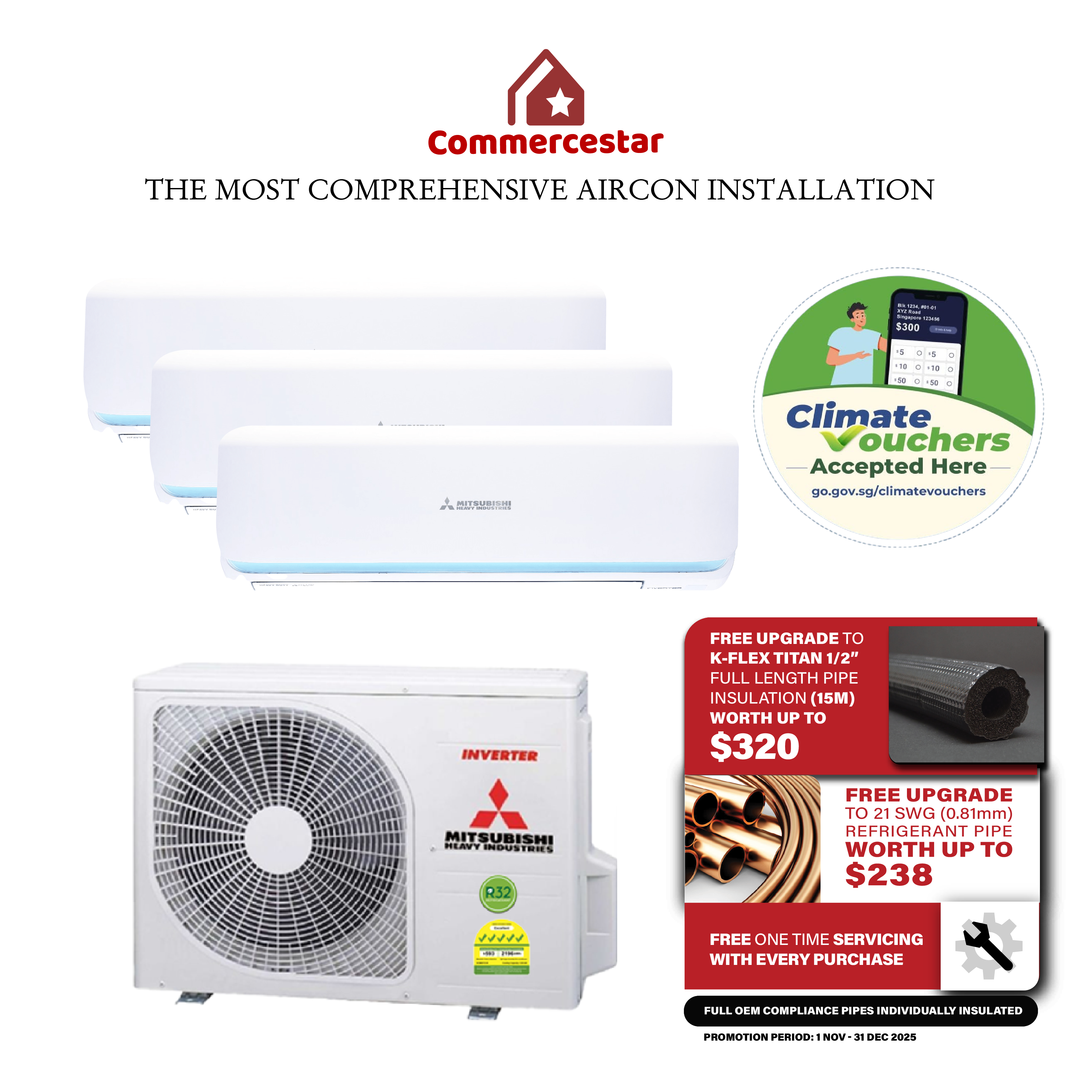 MITSUBISHI HEAVY INDUSTRIES R32 SYSTEM 3 ROCKET SERIES WITH WIFI (INSTALLATION INCLUDED FREE UPGRADED MATERIALS) - Commercestar Engineering 