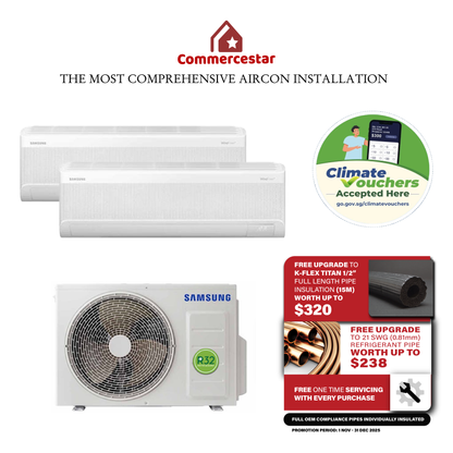 SAMSUNG LATEST WINDFREE R32 SYSTEM 2 AIRCON (INSTALLATION INCLUDED FREE UPGRADED MATERIALS)
