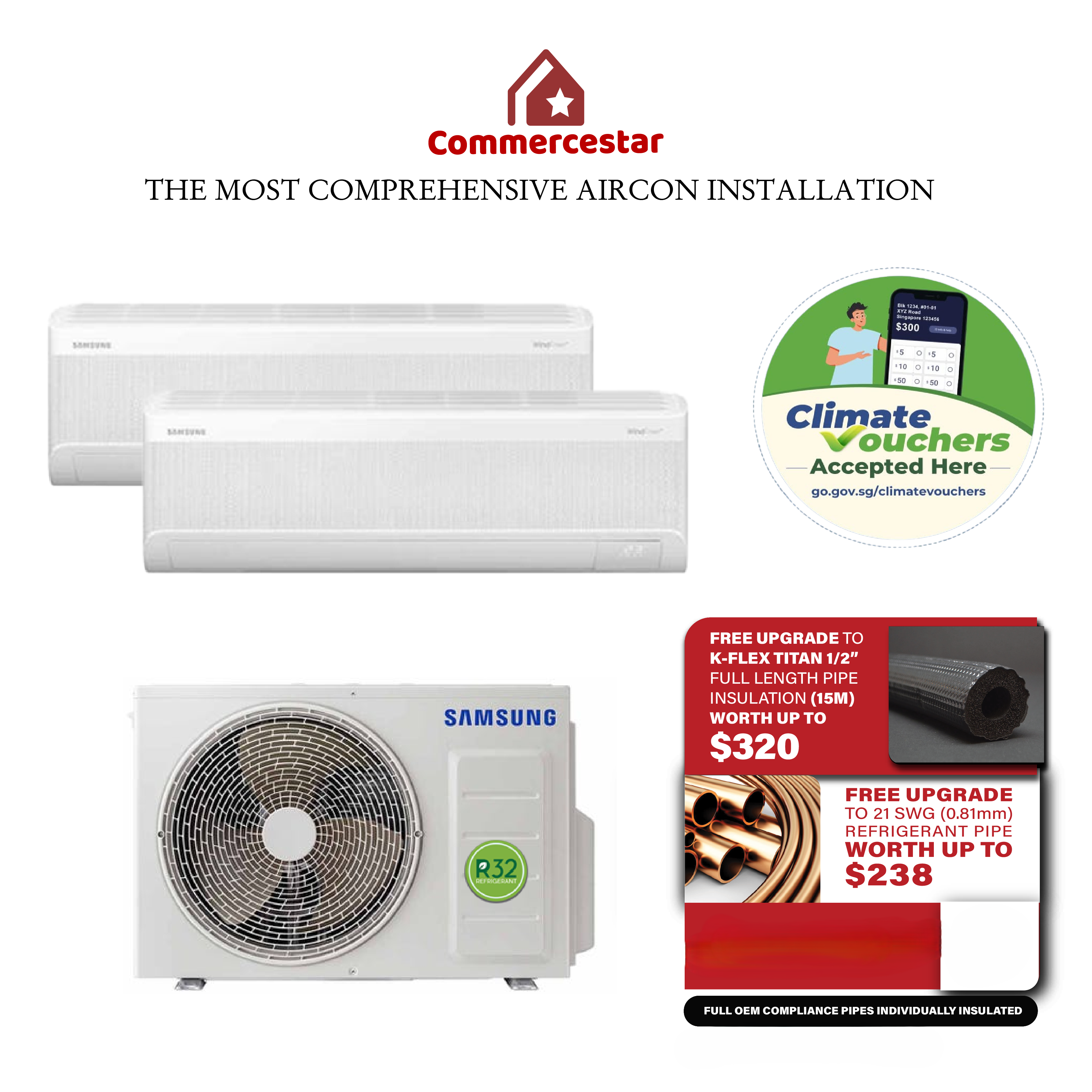 SAMSUNG LATEST WINDFREE R32 SYSTEM 2 AIRCON (INSTALLATION INCLUDED FREE UPGRADED MATERIALS) - Commercestar Engineering 