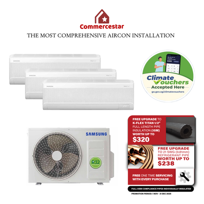 SAMSUNG LATEST WINDFREE R32 SYSTEM 3 AIRCON (INSTALLATION INCLUDED FREE UPGRADED MATERIALS)