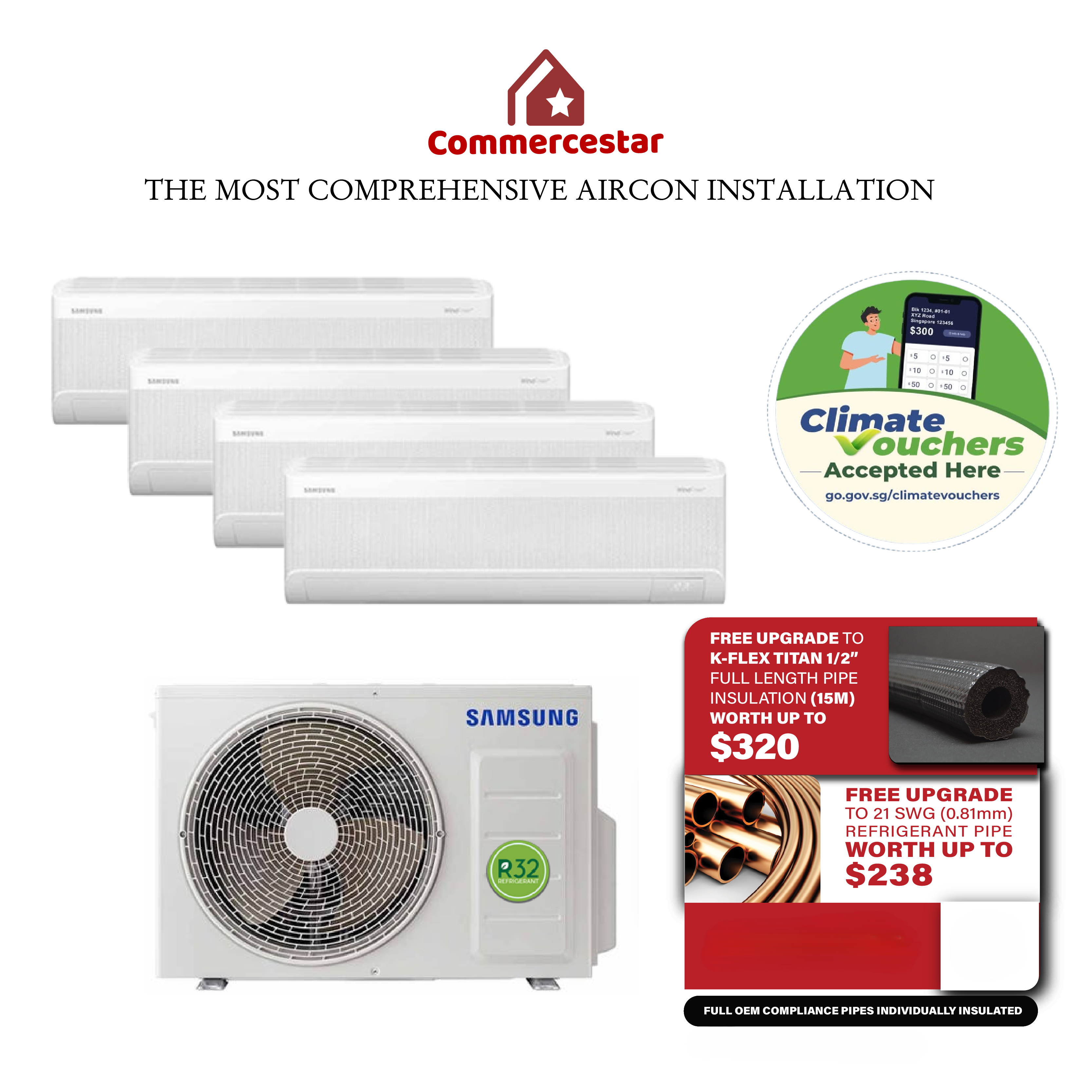 SAMSUNG LATEST WINDFREE R32 SYSTEM 4 AIRCON (INSTALLATION INCLUDED FREE UPGRADED MATERIALS) - Commercestar Engineering 