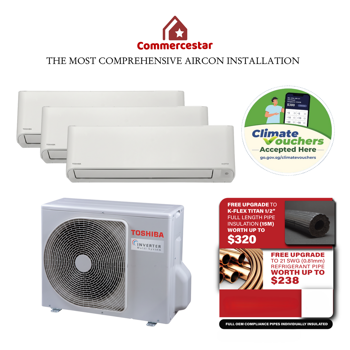 TOSHIBA YOUME PRO SERIES R32 SYSTEM 3 AIRCON INSTALLATION (INSTALLATION INCLUDED FREE UPGRADED MATERIALS)