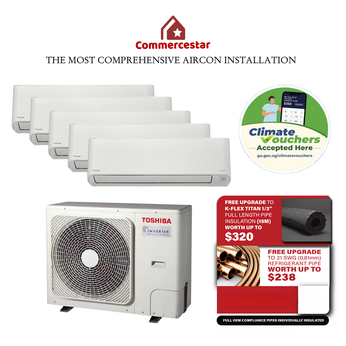 TOSHIBA YOUME PRO SERIES R32 SYSTEM 5 AIRCON INSTALLATION (INSTALLATION INCLUDED FREE UPGRADED MATERIALS)