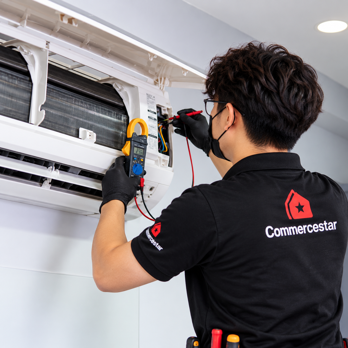 Commercestar Engineering aircon troubleshooting and diagnostic technician performing maintenance inspection on split air conditioning unit.