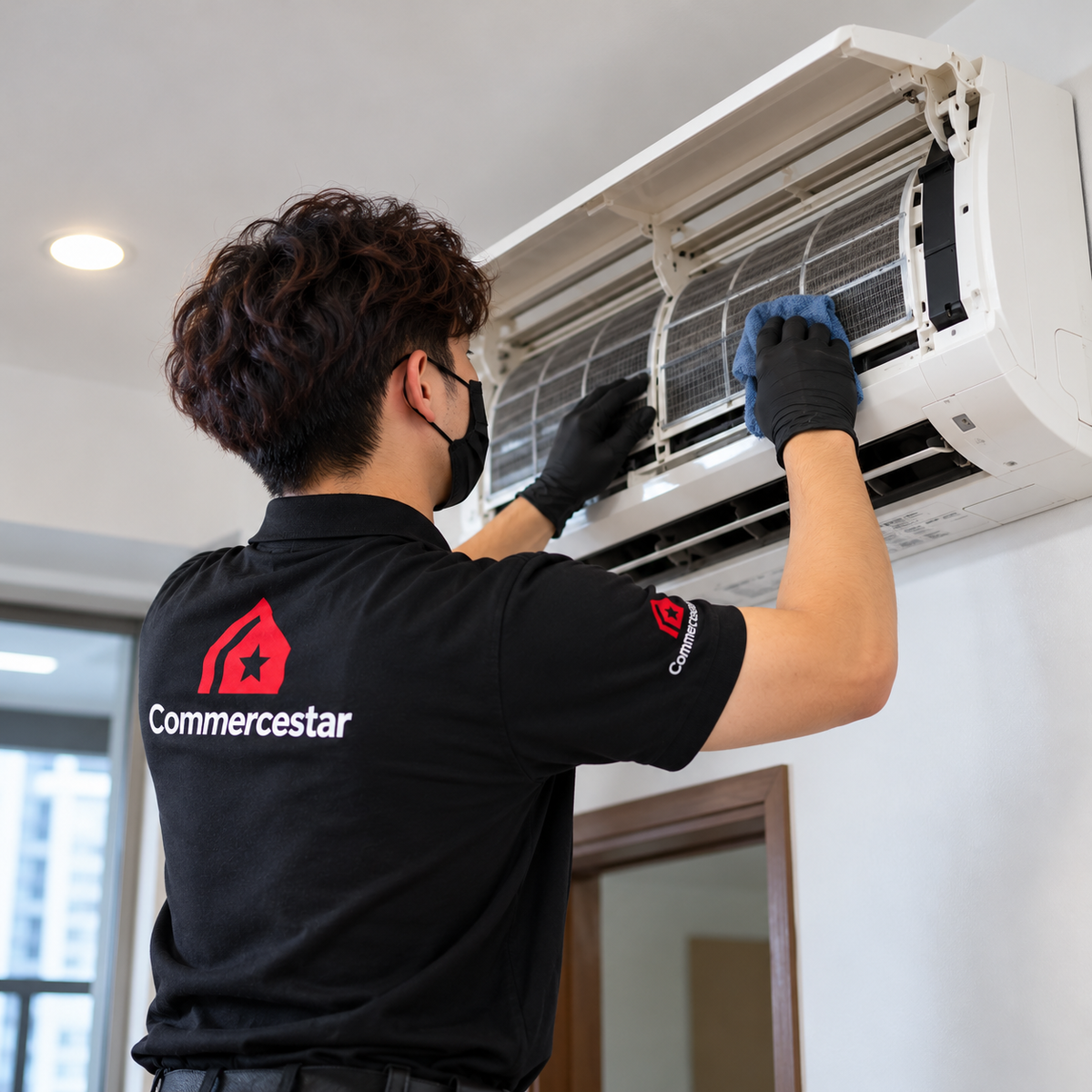 Commercestar Engineering annual aircon servicing plan with a technician performing maintenance on split air conditioning units.