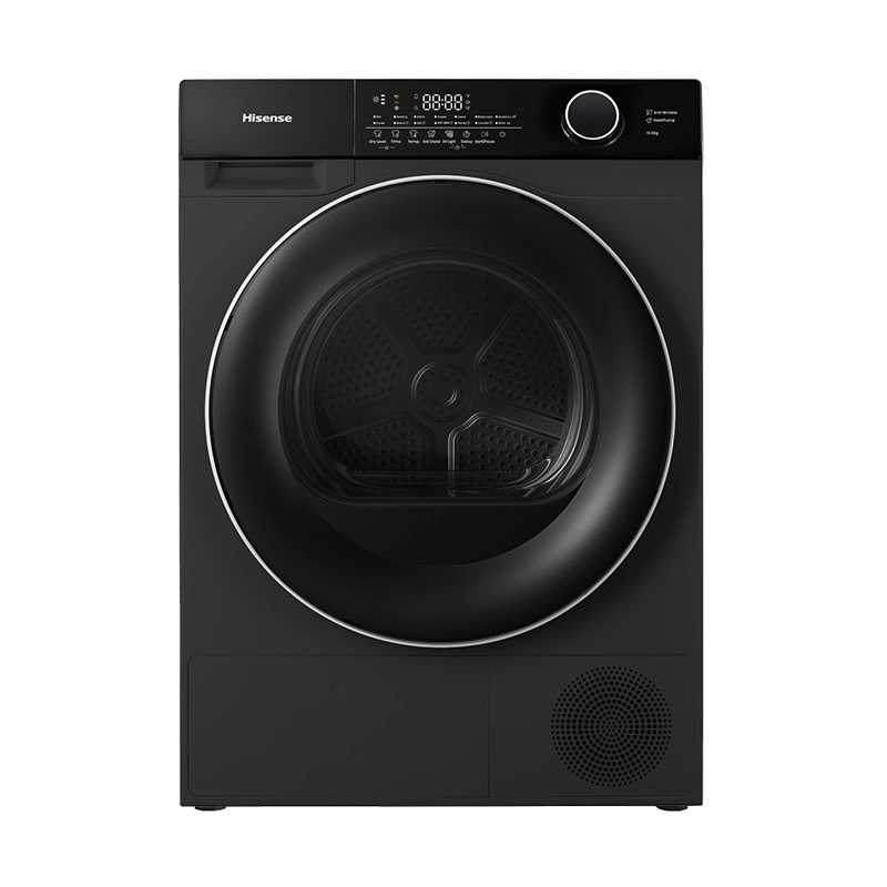Hisense DH105M3 10kg heat pump front load dryer dehumidifier with digital display and control panel, white appliance on a neutral background.
