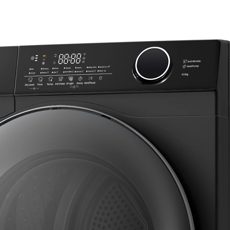 Hisense DH105M3 10kg heat pump front load dryer with dehumidifier features, showing the appliance's front view and control panel.