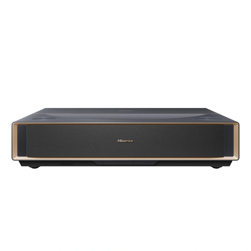 Hisense PT1 4K Ultra Short Throw Laser Cinema Projector displaying a bright 80-150 inch image on a wall.