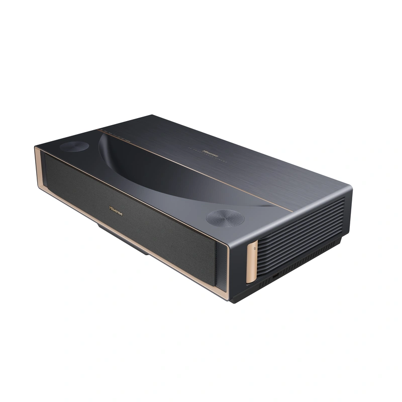 Hisense PT1 4K Ultra Short Throw Laser Cinema Projector displaying a bright 80-150 inch image on a wall.