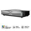 Hisense PX4 Pro 4K Ultra Short Throw Triple Laser Cinema Projector displaying a vibrant movie scene on a wall