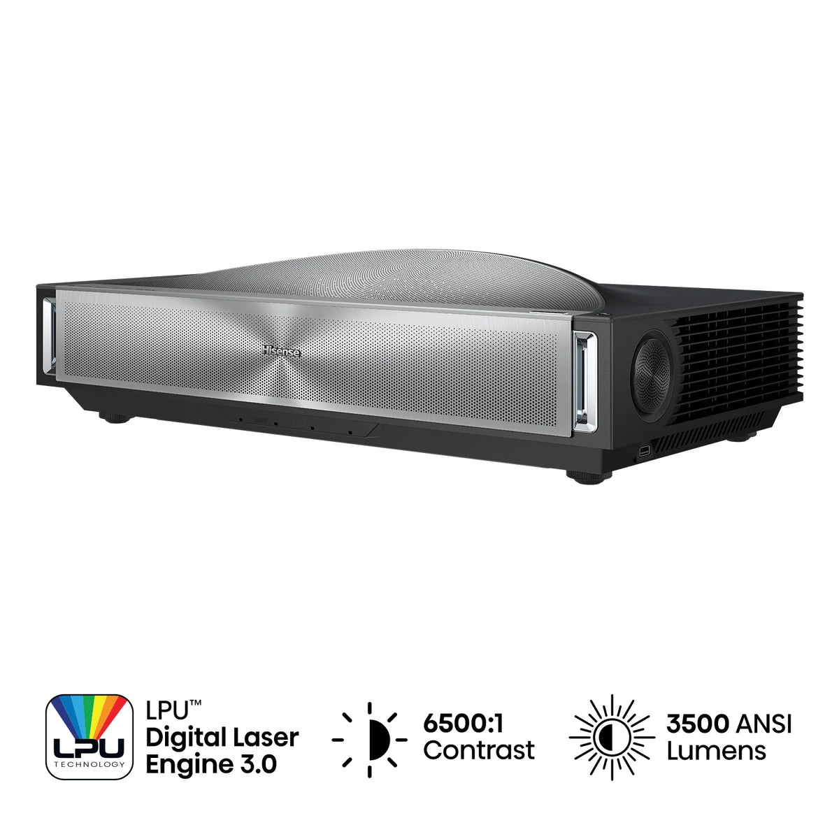 Hisense PX4 Pro 4K Ultra Short Throw Triple Laser Cinema Projector displaying a vibrant movie scene on a wall