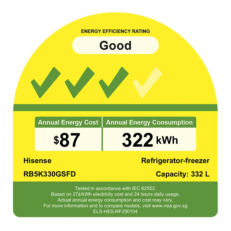 Hisense 332L PureFit RB5K330GSFD – Singapore 3-tick energy label